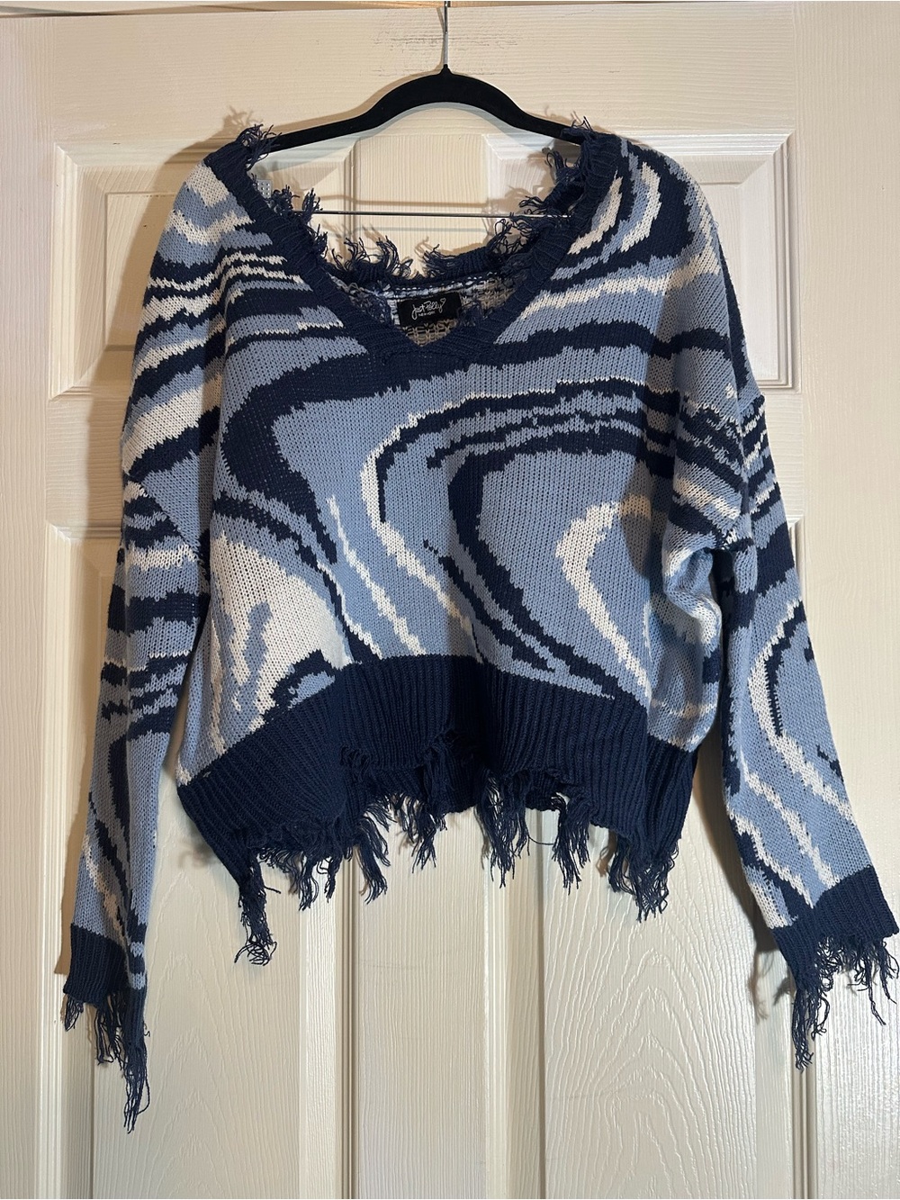 Distressed V-Neck Blue Wave Knit Sweater